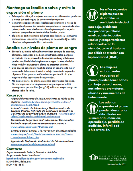 Lead in Food, Spices, and Traditional Products Factsheet (Spanish)- Print Version