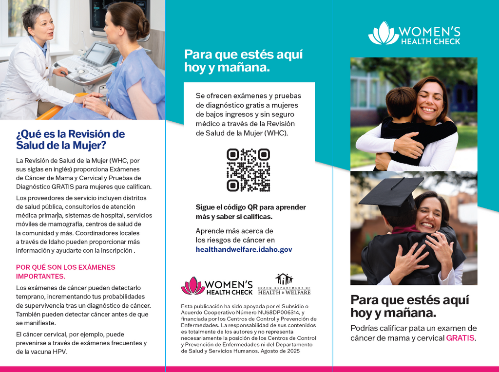 Spanish-language brochure describing the Women’s Health Check program, including information on why women should get screened for breast and cervical cancer, who may qualify for free or low-cost services, and how to access care. The brochure includes a QR code directing users to more information about eligibility and enrollment.