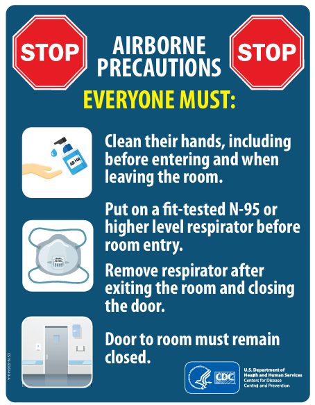 Airborne Precautions sign for healthcare settings to alert people entering a room where precautions are required to prevent transmission.