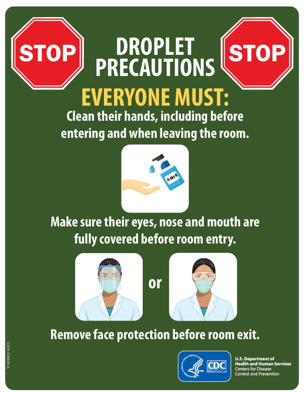 Droplet Precautions sign for healthcare settings to alert people entering a room where precautions are required to prevent transmission.