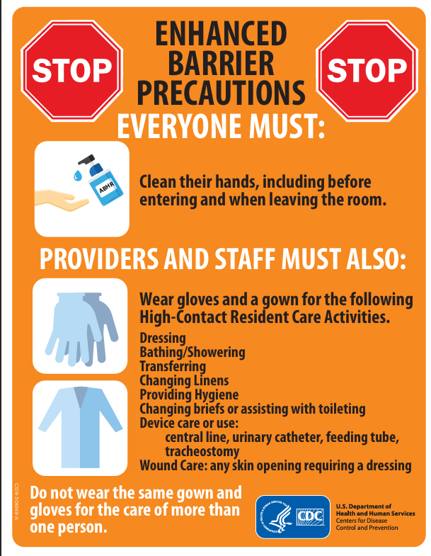 Enhanced Barrier Precautions sign for healthcare settings to alert people entering a room where precautions are required to prevent transmission.