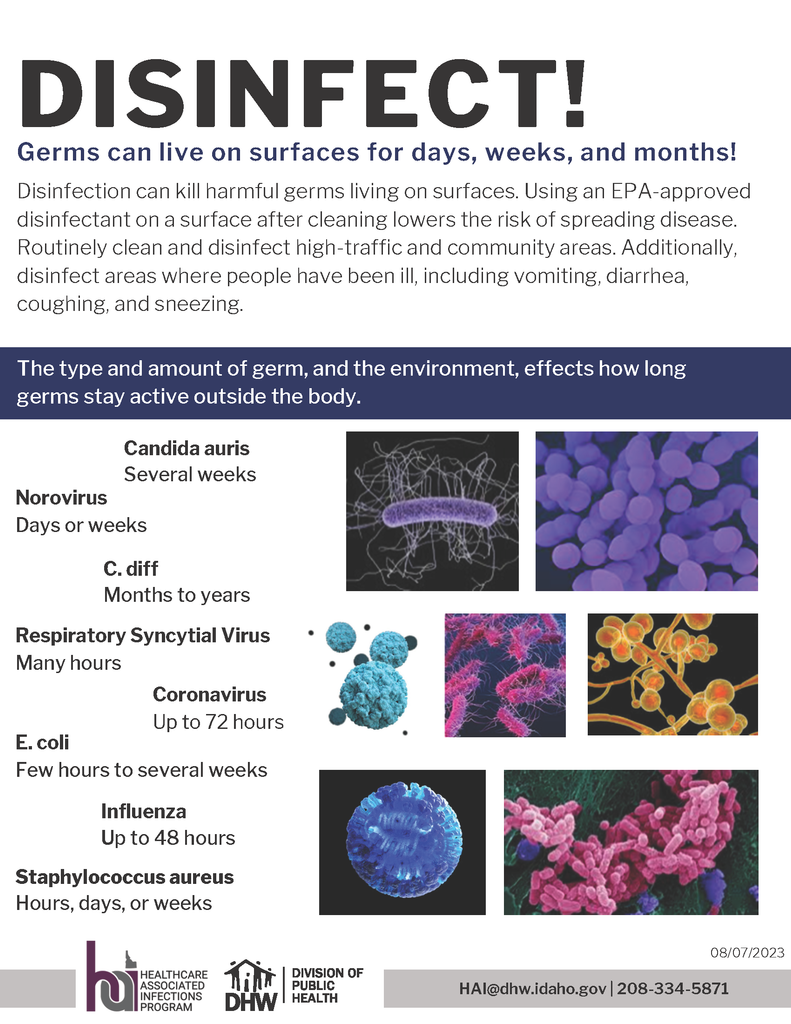 Public health poster about disinfecting surfaces to kill germs, with images of different germs and their persistence times.