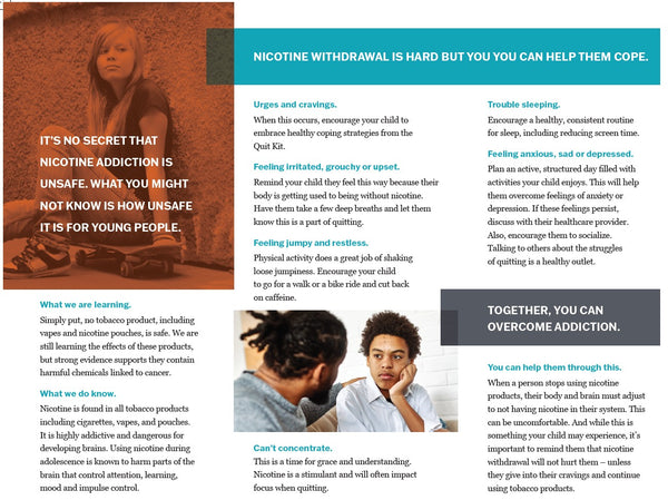 A brochure with information about vaping and youth cessation, for parents.  Parent and child on cover.