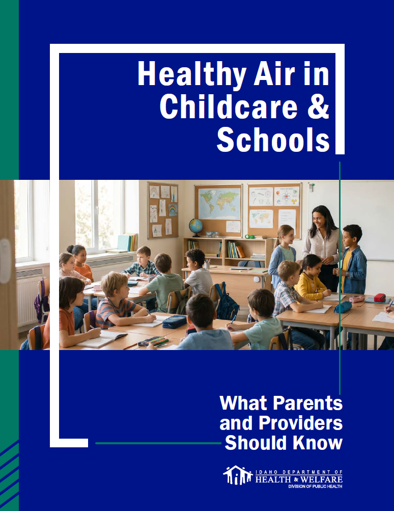 The front cover of the 'Healthy Air in Childcare & Schools' brochure, providing general information on sources that affect indoor air quality in childcare facilities and schools. 