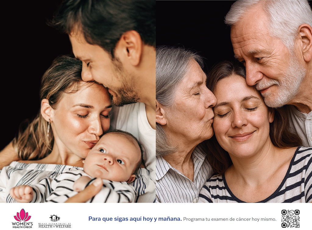 Spanish-language poster featuring two images of a mom and a dad hugging their daughter. Taglines say "Be here today and tomorrow. Schedule your cancer screening now. QR directs users to the Women's Health Check website where they can see their program's eligibility requirements. 