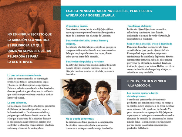 A brochure with information about vaping and youth cessation, for parents in Spansih.  Parent and child on cover.