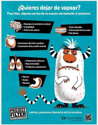 An informational poster sharing benefits of quitting to vape. "Spanish"