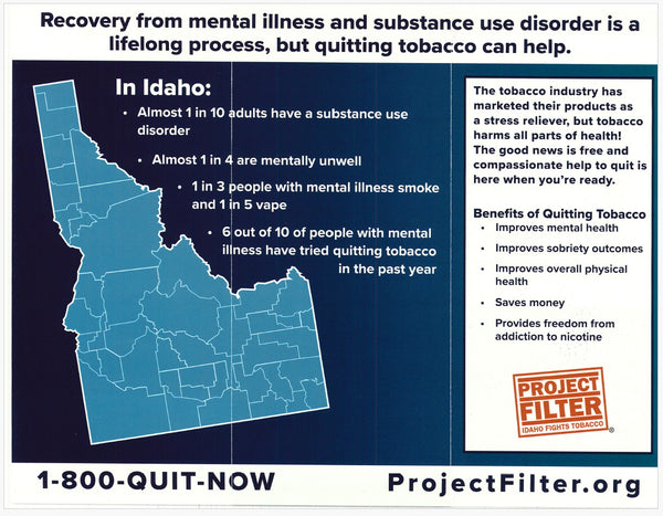Map of Idaho with statistics on substance use disorder and a call to action for quitting tobacco, featuring Project Filter branding.