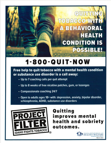 Advertisement for quitting tobacco with behavioral health conditions, featuring a phone number and project filter logo.