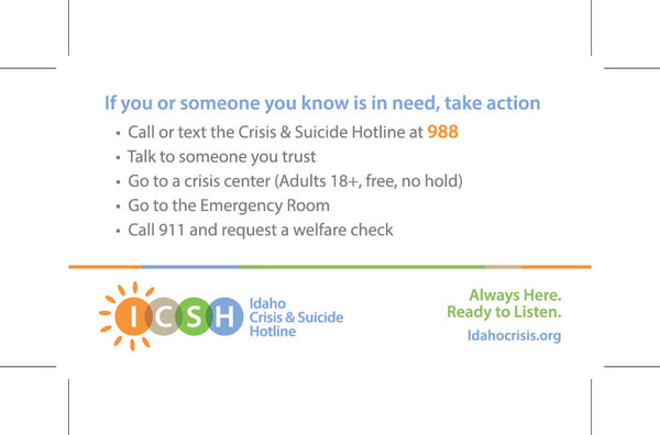 Idaho Suicide Prevention Hotline Wallet Card *DOWNLOAD ONLY*