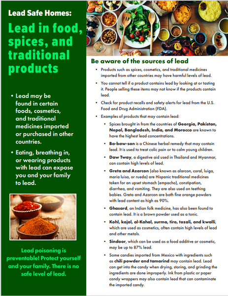 Lead in Food, Spices, and Traditional Products Factsheet Print Version